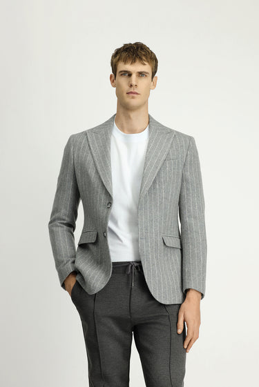  Orta Gri Melanj Slim Fit Dar Kesim Yünlü Çizgili Klasik Ceket