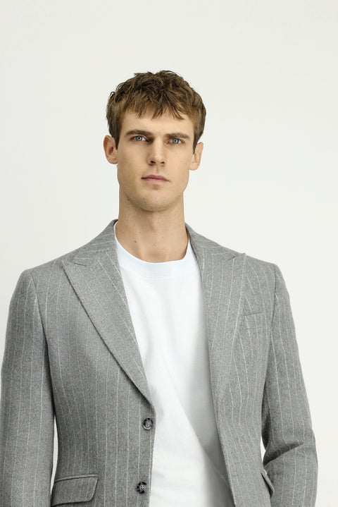 Orta Gri Melanj 7 Drop Slim Fit Dar Kesim Yünlü Çizgili Klasik Ceket