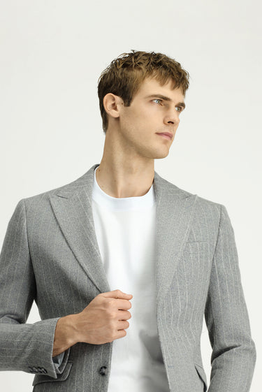  Orta Gri Melanj Slim Fit Dar Kesim Yünlü Çizgili Klasik Ceket