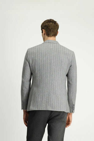 Orta Gri Melanj Slim Fit Dar Kesim Yünlü Çizgili Klasik Ceket