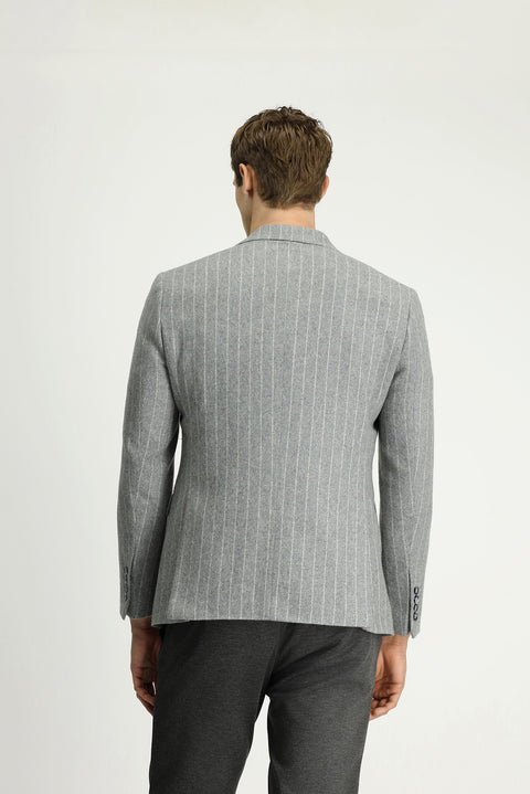 Orta Gri Melanj 7 Drop Slim Fit Dar Kesim Yünlü Çizgili Klasik Ceket