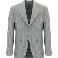 Orta Gri Melanj Slim Fit Dar Kesim Yünlü Çizgili Klasik Ceket