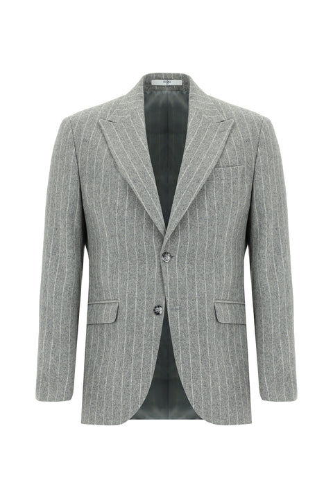 Orta Gri Melanj 7 Drop Slim Fit Dar Kesim Yünlü Çizgili Klasik Ceket