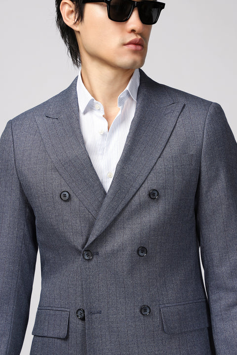 Koyu Mavi  6 Drop Regular Fit Standart Kesim Çizgili Kruvaze Ceket