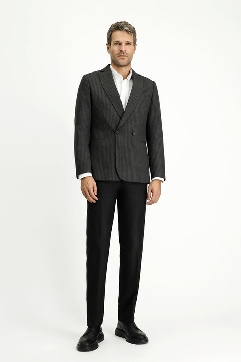 Koyu Antrasit 6 Drop Regular Fit Standart Kesim Çizgili Kruvaze Ceket