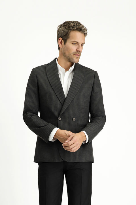 Koyu Antrasit 6 Drop Regular Fit Standart Kesim Çizgili Kruvaze Ceket