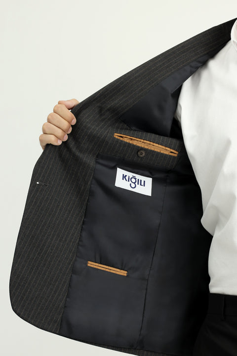 Koyu Antrasit 6 Drop Regular Fit Standart Kesim Çizgili Kruvaze Ceket