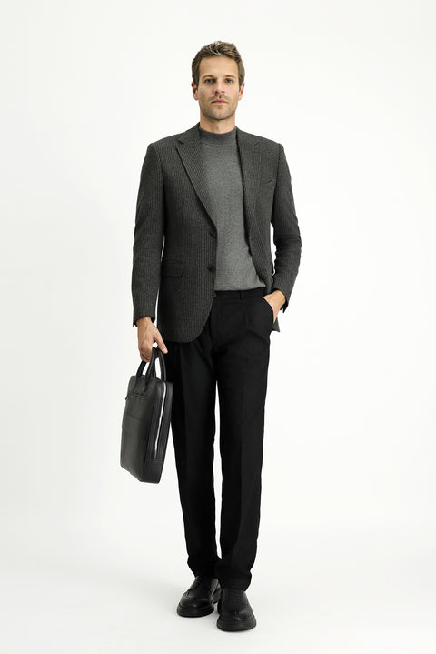 Koyu Antrasit 7 Drop Slim Fit Dar Kesim Klasik Çizgili Pamuklu Örme Ceket