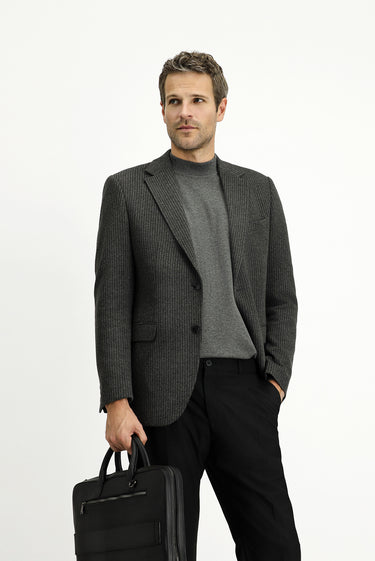 Koyu Antrasit Relaxed Fit Rahat Kesim Klasik Çizgili Pamuklu Örme Ceket