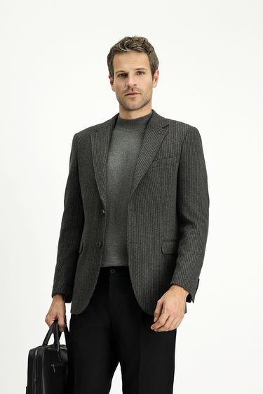 Koyu Antrasit Slim Fit Dar Kesim Klasik Çizgili Pamuklu Örme Ceket