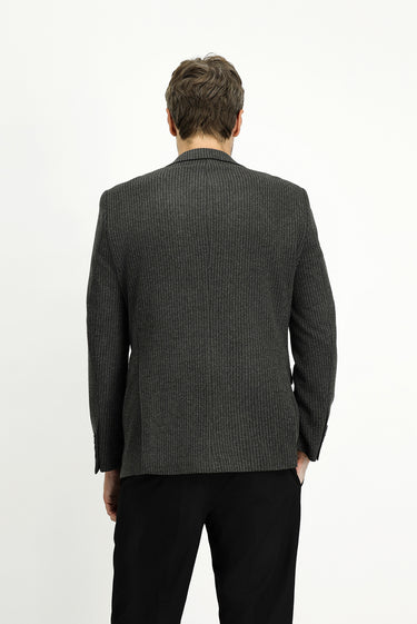 Koyu Antrasit Slim Fit Dar Kesim Klasik Çizgili Pamuklu Örme Ceket