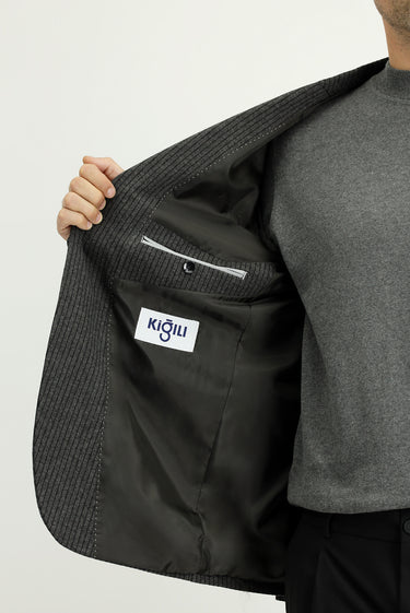 Koyu Antrasit Slim Fit Dar Kesim Klasik Çizgili Pamuklu Örme Ceket