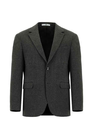 Koyu Antrasit Slim Fit Dar Kesim Klasik Çizgili Pamuklu Örme Ceket