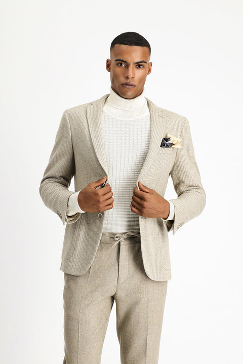 Açık Bej 7 Drop Super Slim Fit Eksra Dar Kesim Yünlü Çizgili Spor Örme Ceket