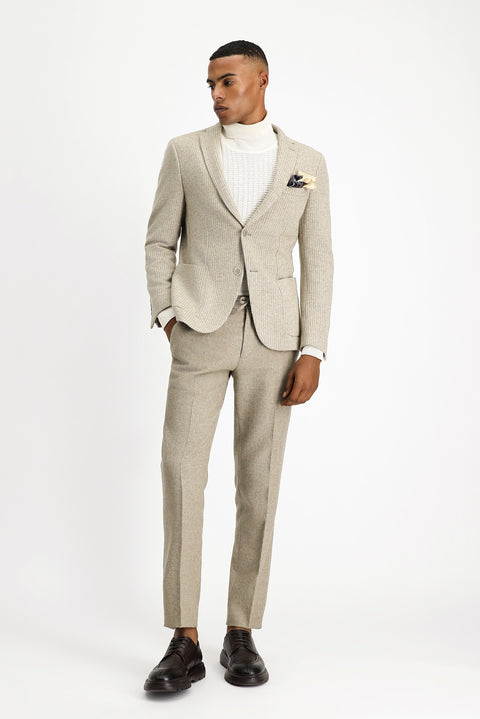 Açık Bej 7 Drop Super Slim Fit Eksra Dar Kesim Yünlü Çizgili Spor Örme Ceket