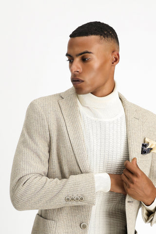  Açık Bej 7 Drop Super Slim Fit Eksra Dar Kesim Yünlü Çizgili Spor Örme Ceket