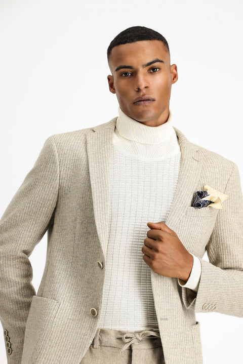 Açık Bej 7 Drop Super Slim Fit Eksra Dar Kesim Yünlü Çizgili Spor Örme Ceket