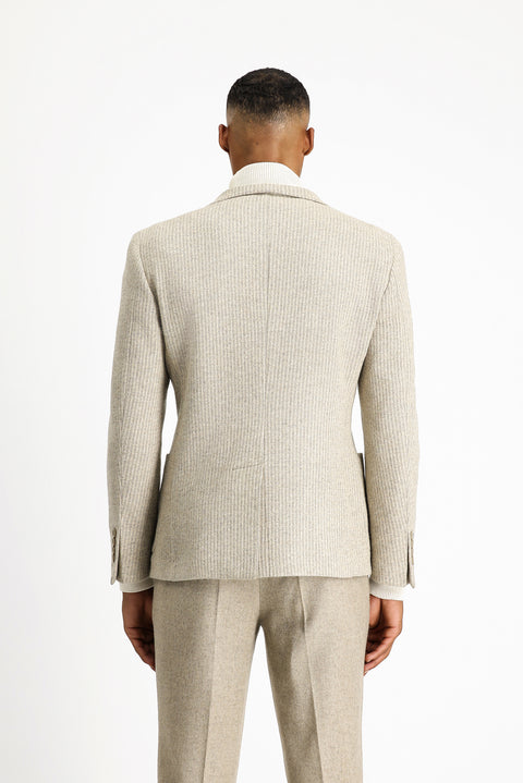 Açık Bej 4 Drop Relaxed Fit Rahat Kesim Yünlü Çizgili Spor Örme Ceket