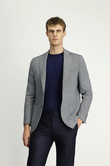 Açık Lacivert Slim Fit Dar Kesim Yünlü Desenli Spor Ceket