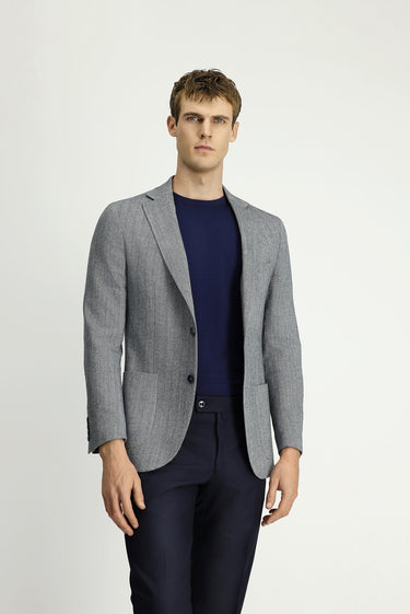Açık Lacivert Slim Fit Dar Kesim Yünlü Desenli Spor Ceket