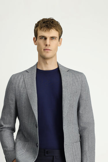 Açık Lacivert Slim Fit Dar Kesim Yünlü Desenli Spor Ceket