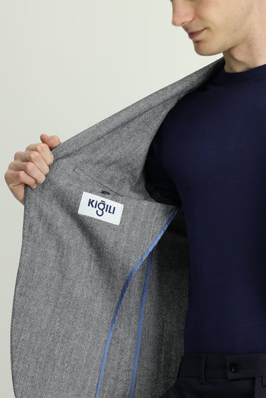 Açık Lacivert Slim Fit Dar Kesim Yünlü Desenli Spor Ceket