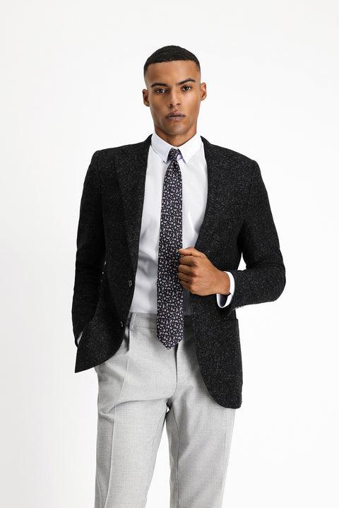Siyah 7 Drop Slim Fit Dar Kesim Desenli Yünlü İtalyan Ceket