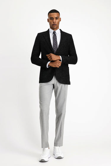  Siyah Slim Fit Dar Kesim Desenli Yünlü İtalyan Ceket