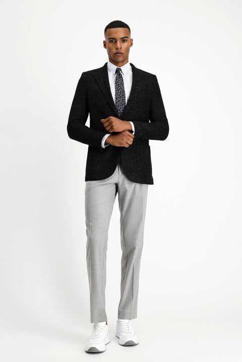 Siyah 7 Drop Slim Fit Dar Kesim Desenli Yünlü İtalyan Ceket