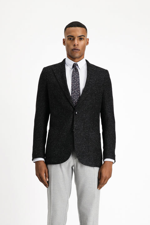 Siyah 7 Drop Slim Fit Dar Kesim Desenli Yünlü İtalyan Ceket