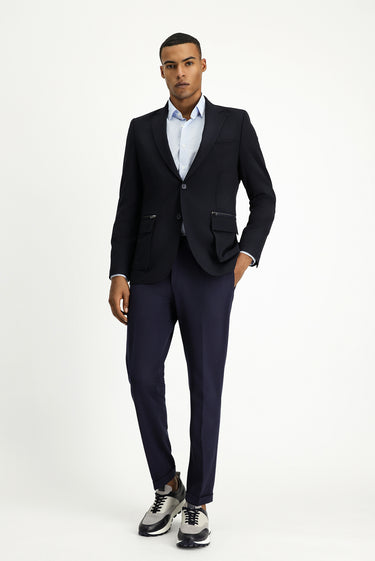 Koyu Lacivert Super Slim Fit Ekstra Dar Kesim Klasik Fermuar Cepli Ceket