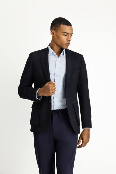  Koyu Lacivert Slim Fit Dar Kesim Klasik Fermuar Cepli Ceket