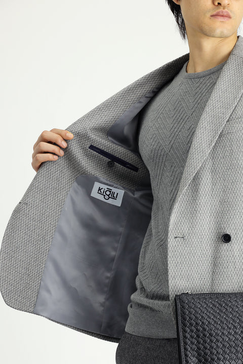 Orta Gri 7 Drop Slim Fit Dar Kesim Desenli Kruvaze Ceket