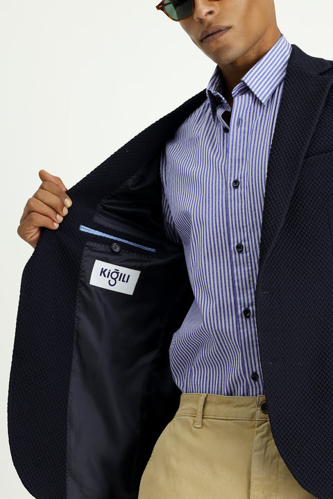 Dark Navy 4-Drop Relaxed Fit Patterned Sport Jacket