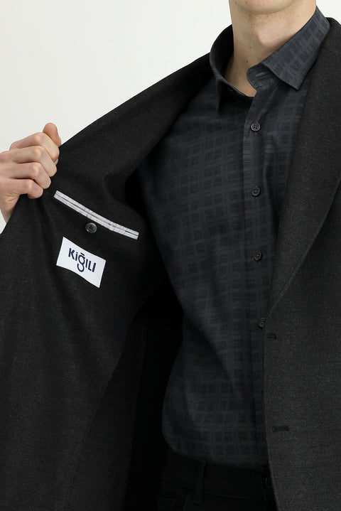 Koyu Antrasit 8 Drop Muscle Fit Uzun Atletik Kesim Likralı Spor Ceket