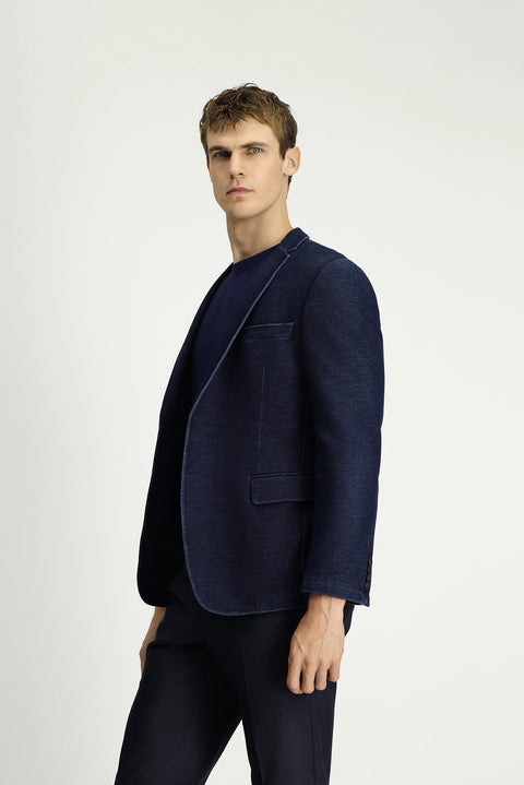 Koyu Lacivert 7 Drop Super Slim Fit Eksra Dar Kesim Spor Pamuklu Örme Ceket