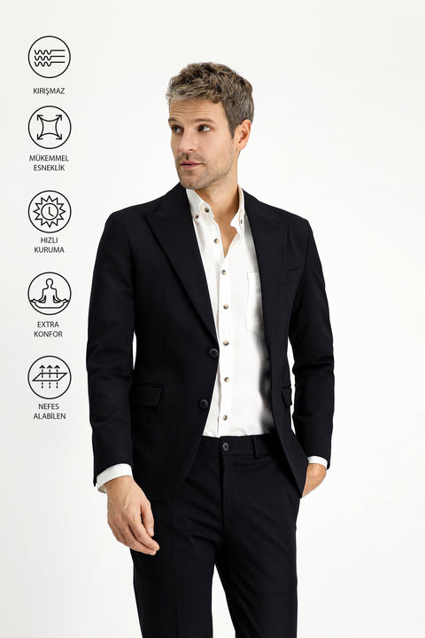 Siyah Techno-Line 7 Drop Slim Fit Dar Kesim Likralı Spor Örme Ceket