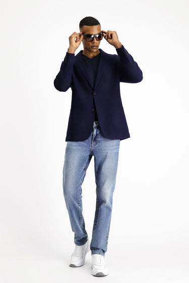Koyu Lacivert Regular Fit Yünlü Spor İtalyan Ceket