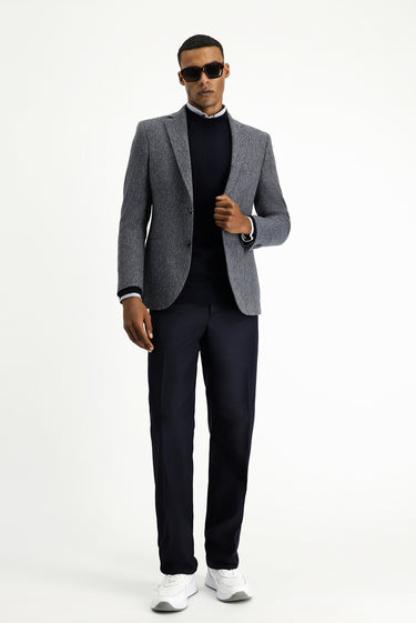 Orta Lacivert Super Slim Fit Ekstra Dar Kesim Yünlü Klasik Desenli Ceket