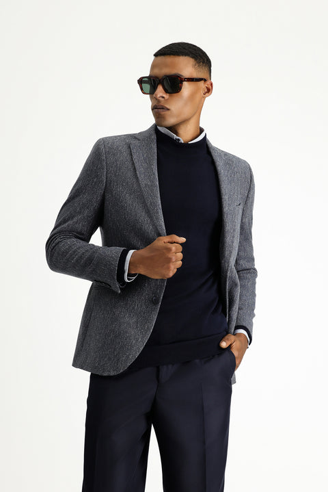 Orta Lacivert 4 Drop Relaxed Fit Rahat Kesim Yünlü Klasik Desenli Ceket