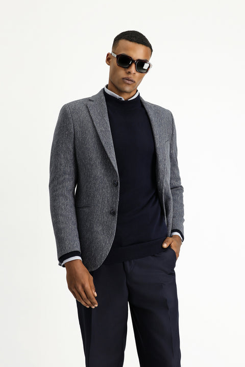 Orta Lacivert 4 Drop Relaxed Fit Rahat Kesim Yünlü Klasik Desenli Ceket