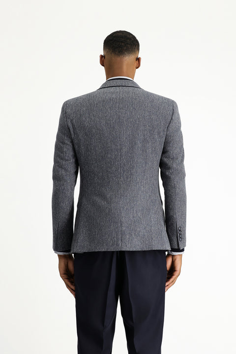 Medium Navy 7 Drop Super Slim Fit Extra Narrow Cut Wool Classic Patterned Jacket