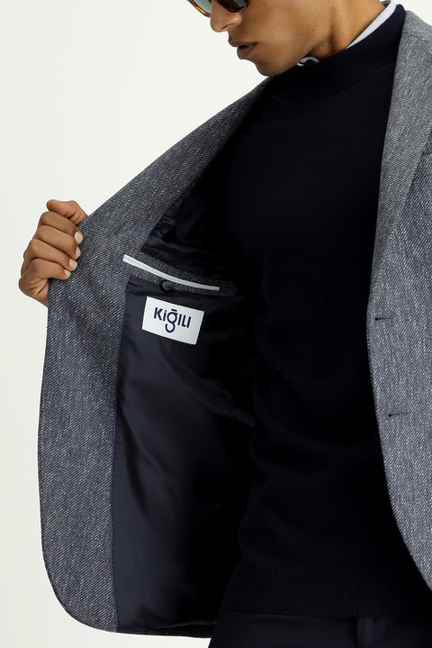 Orta Lacivert 7 Drop Super Slim Fit Eksra Dar Kesim Yünlü Klasik Desenli Ceket