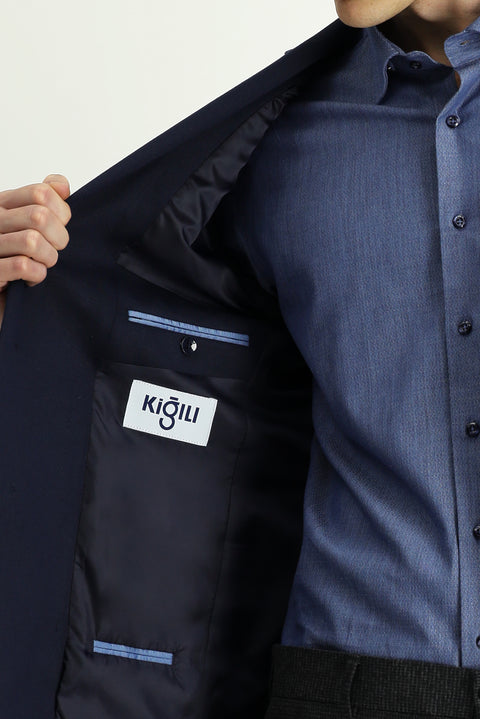 Koyu Lacivert 6 Drop Regular Fit Standart Kesim Likralı Klasik Ceket