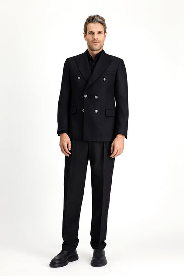  Siyah Slim Fit Dar Kesim Desenli Kruvaze Ceket