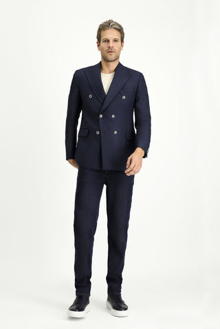  Koyu Lacivert Slim Fit Dar Kesim Desenli Kruvaze Ceket