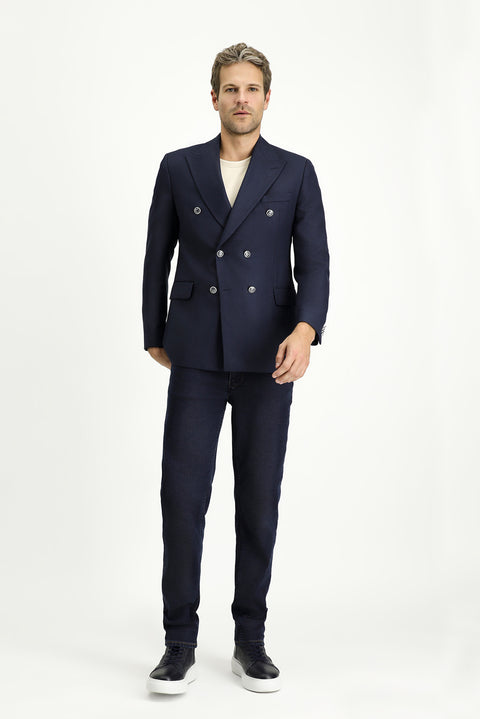 Koyu Lacivert 7 Drop Slim Fit Dar Kesim Desenli Kruvaze Ceket