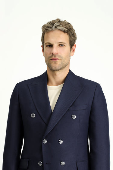  Koyu Lacivert Slim Fit Dar Kesim Desenli Kruvaze Ceket