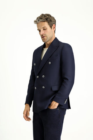  Koyu Lacivert Slim Fit Dar Kesim Desenli Kruvaze Ceket