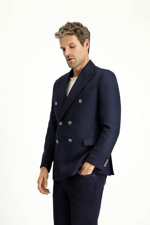 Koyu Lacivert 7 Drop Slim Fit Dar Kesim Desenli Kruvaze Ceket